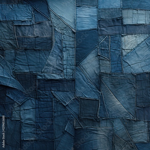 Abstract Patchwork Denim Texture Background - Blue Fabric Pattern, Quilted Textile Design, Artistic Sewing Craft, Jeans