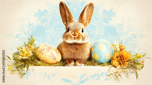 This nostalgic Easter postcard captures a delightful bunny surrounded by beautifully painted eggs and spring flowers. The classic typography and gentle colors evoke a sense of warmth and celebration