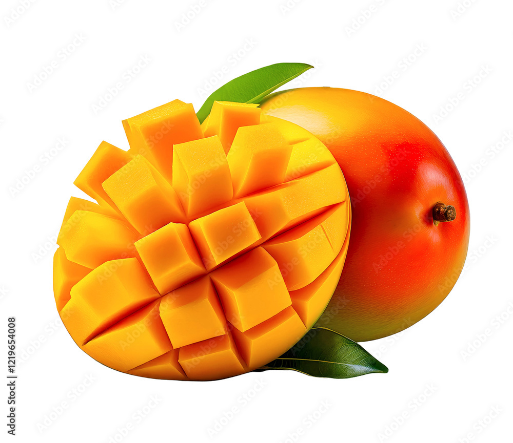Ripe Mango Delight: A juicy, ripe mango with its vibrant yellow flesh, diced into perfect cubes, lies beside a whole mango, with lush green leaves adding a touch of freshness. Ripe Mango Delight: A juicy, ripe mango with its vibrant yellow flesh, diced into perfect cubes, lies beside a whole mango, with lush green leaves adding a touch of freshness.