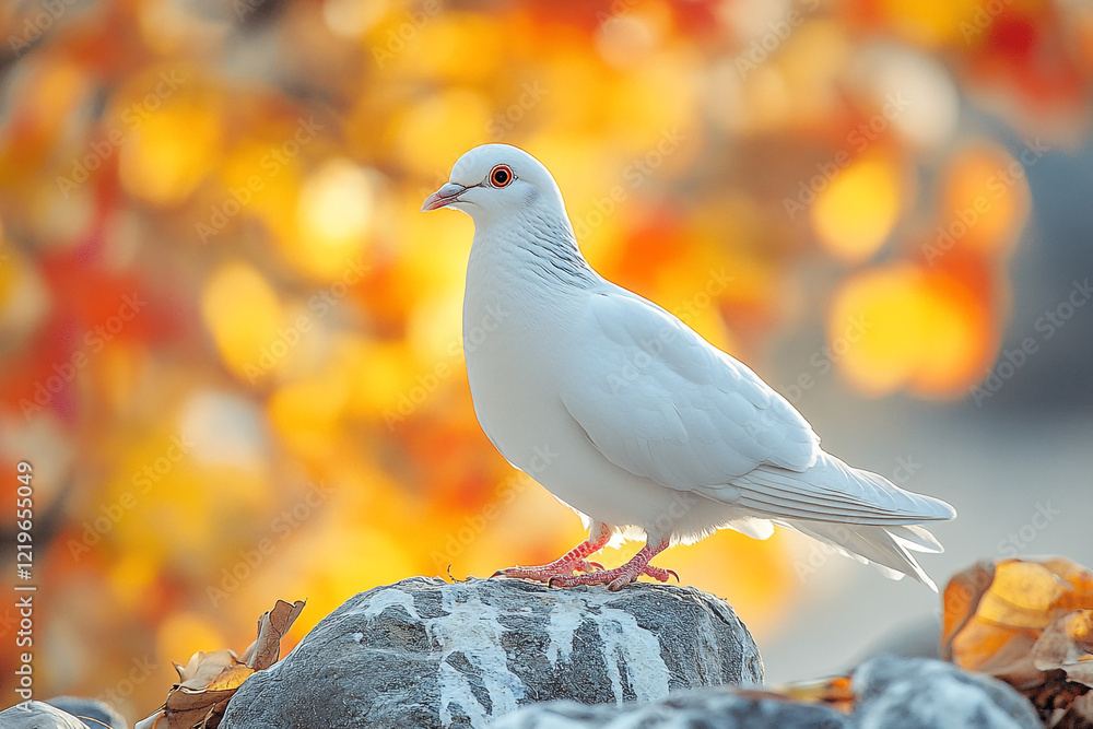 White Dove Perched on Rock Autumn Background White Dove Perched on Rock Autumn Background