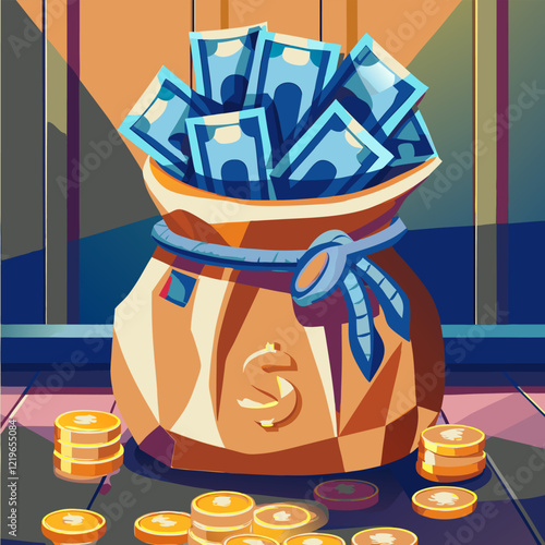 A bag full of money and stacks of gold coins around. Cartoon style. Vector illustration
