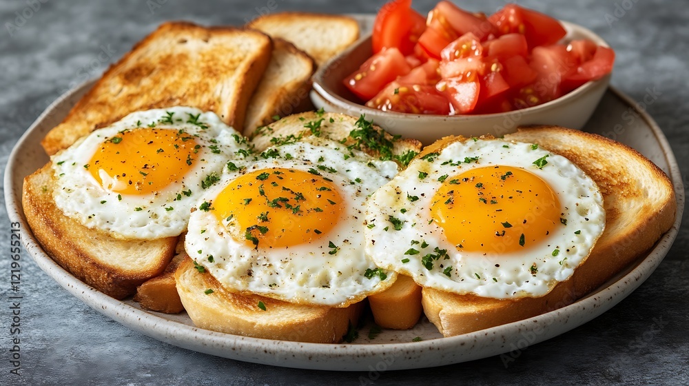 Fried eggs on toast with tomatoes a delicious breakfast Fried eggs on toast with tomatoes a delicious breakfast