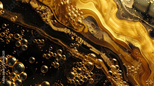 Luxurious gold and black inks meld together with bubbles, generative ai