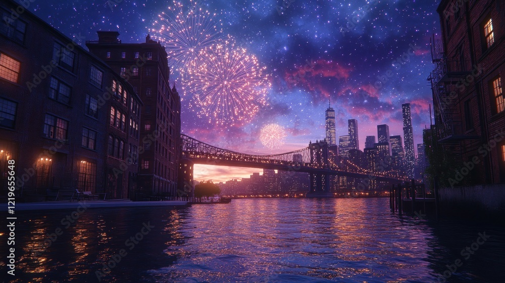 Fototapeta premium Fireworks over city bridge, nighttime scene