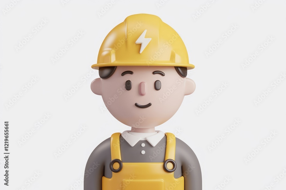 A 3D cartoon illustration of a smiling electrician wearing a yellow hard hat and overalls. A 3D cartoon illustration of a smiling electrician wearing a yellow hard hat and overalls.