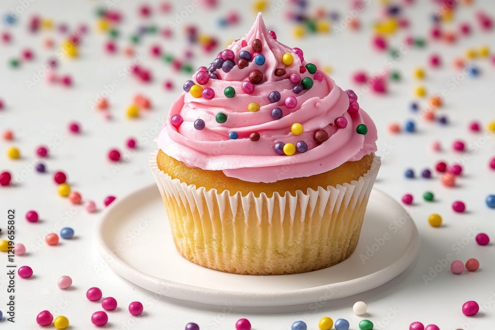 Colorful cupcake topped with pink frosting and sprinkles on a white plate against a festive background Colorful cupcake topped with pink frosting and sprinkles on a white plate against a festive background