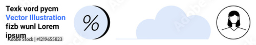 Percentage symbol on a black ball, light blue receding cloud, and female avatar in black and white. Ideal for finance, weather apps, user profiles, business, analytics, education, and website design