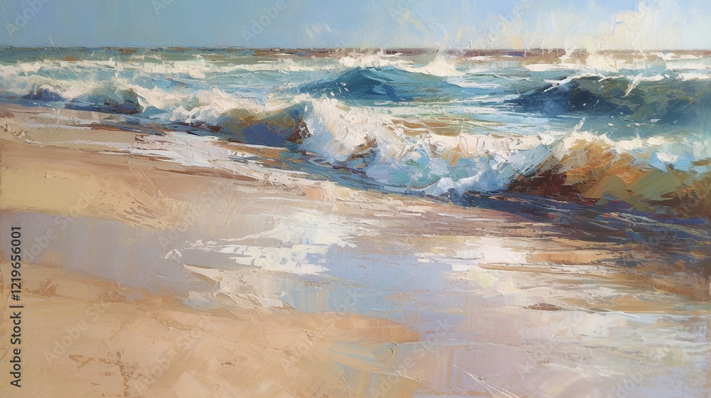 impressionism oil painting with thick impasto brush strokes of waves on a sandy beautiful beach with puffy clouds. using muted browns, blues, and white. impressionism oil painting with thick impasto brush strokes of waves on a sandy beautiful beach with puffy clouds. using muted browns, blues, and white.
