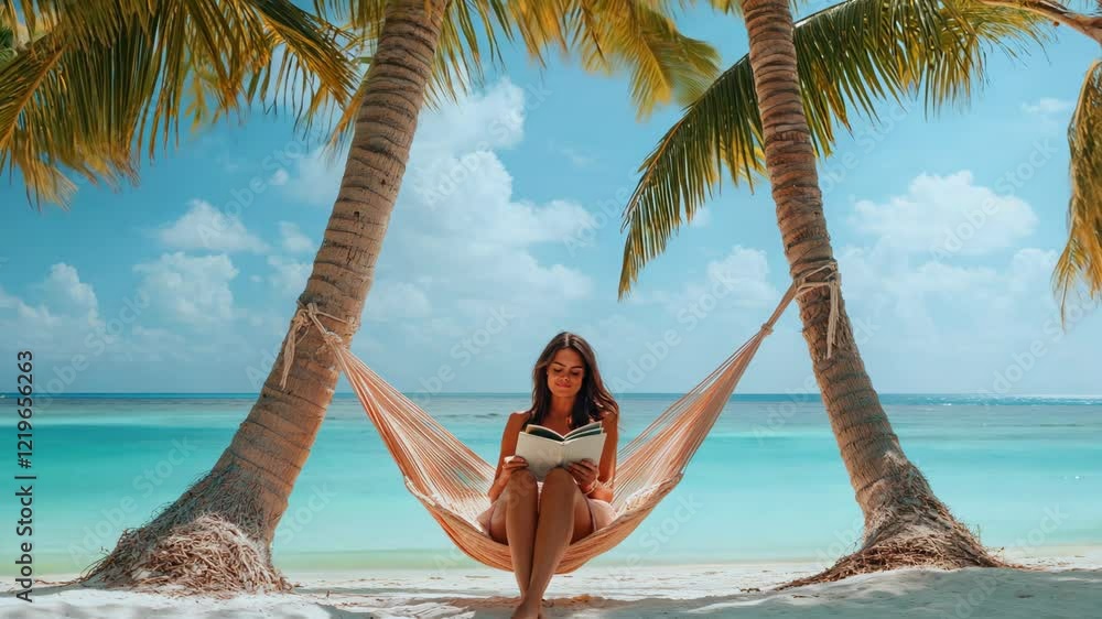 A woman lounging in a hammock between palm trees on a tropical beach with clear turquoise water A woman lounging in a hammock between palm trees on a tropical beach with clear turquoise water