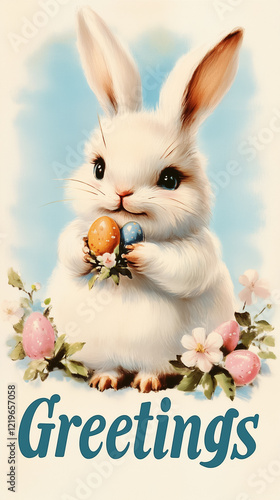 An adorable rabbit holds colorful Easter eggs among soft pastel flowers. The nostalgic vibe is captured in faded colors and classic typography, embodying the joy of spring celebrations