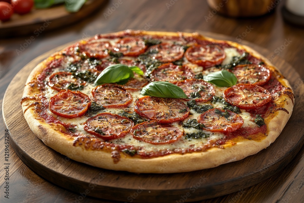 Delicious pizza topped with fresh tomatoes and basil on a wooden board Delicious pizza topped with fresh tomatoes and basil on a wooden board