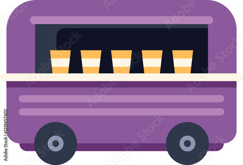 Food truck is waiting for customers, with its window open displaying food cartons