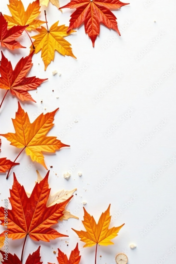 Fototapeta premium Colorful orange maple leaves scattered on a white background, , winter wonderland