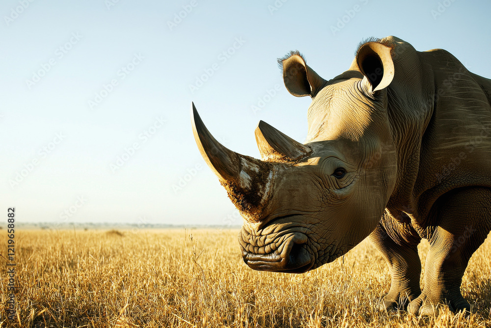 Obraz premium Close-up of a rhino's sad gaze in dry grassland after horn removal