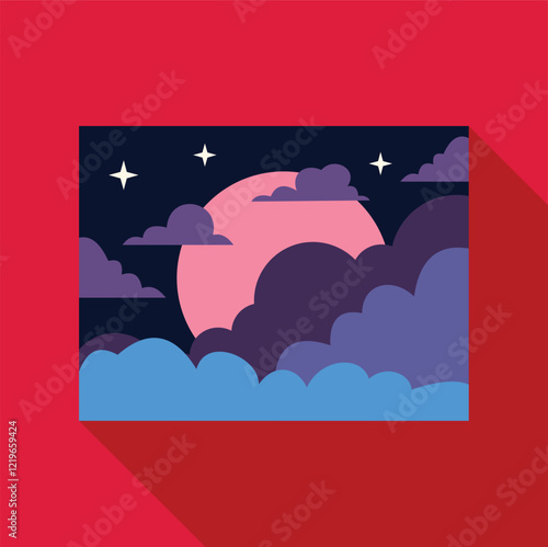 Minimalist vector illustration of a pink full moon with colorful clouds partially covering it in a starry night sky