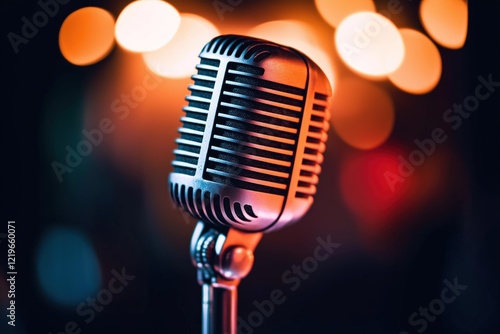 Retro vintage microphone. Stage lighting creates dramatic colors. Perfect for music events. Vintage concert atmosphere. Suitable for various media. Live music performance. Classic sound. Retro style.