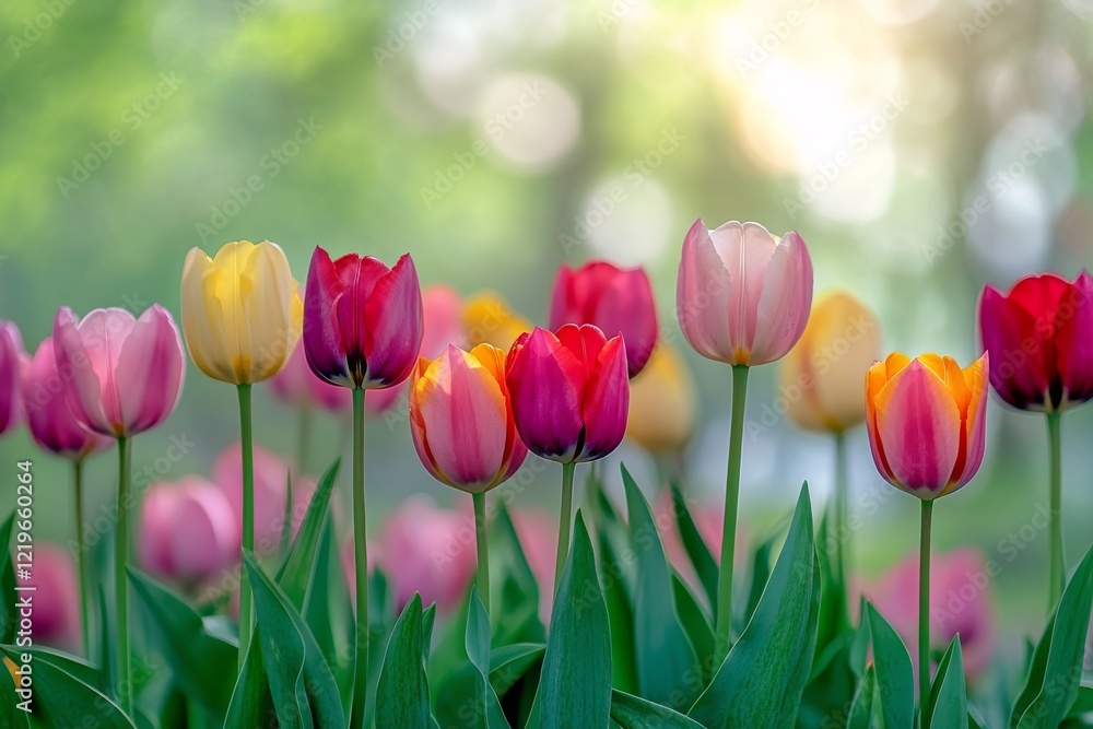 Colorful tulips blooming in a vibrant garden during springtime sunlight Colorful tulips blooming in a vibrant garden during springtime sunlight