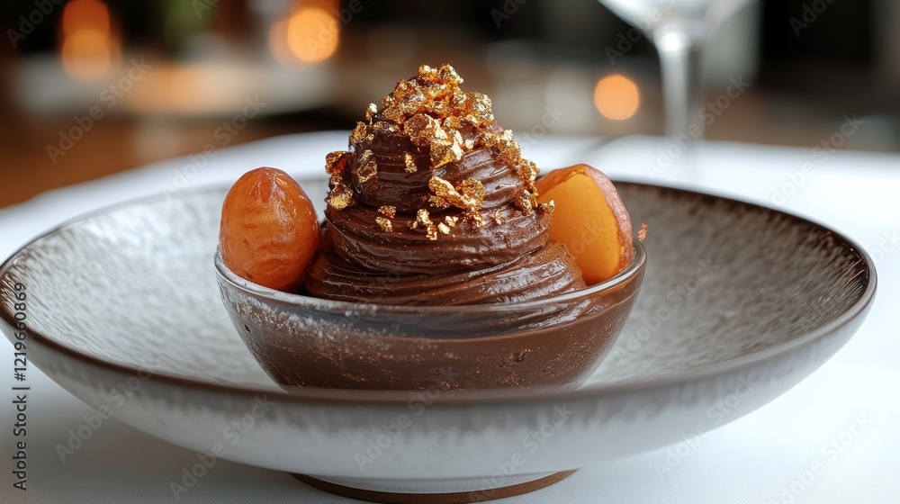 Indulgent chocolate dessert served with fine wine Indulgent chocolate dessert served with fine wine