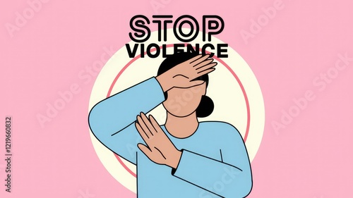 A woman with her hands up in a stop gesture  promoting the message Stop Violence. photo