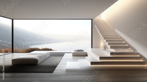 Minimalist interior view with stairs.