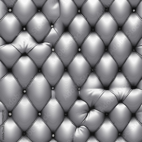 Rendered collage of silver furniture upholstery with deep diamond pattern and button texture. Background for banner, background or texture for 3D mapping