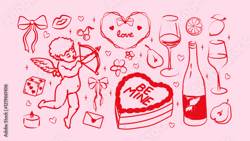 Set of hand drawn coquette elements for Valentines day, wedding invitation, birthday card with Cute girly coquette bows, cherry, cake, wine, Cupid angel and heart frame. Hand drawn line art vector