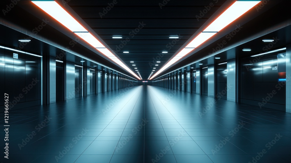 Fototapeta premium Futuristic corridor, glowing lights, server room, data center, technology background