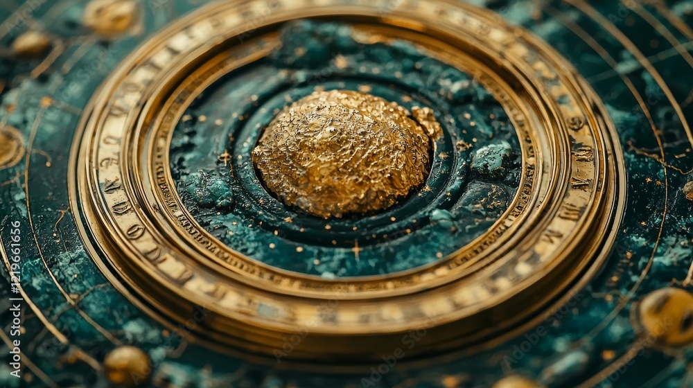 Obraz premium Ancient star map showing the movement of celestial bodies, featuring the world inside a golden circle, with the earth and blue sea in the foreground, stars in the background connected by lines.