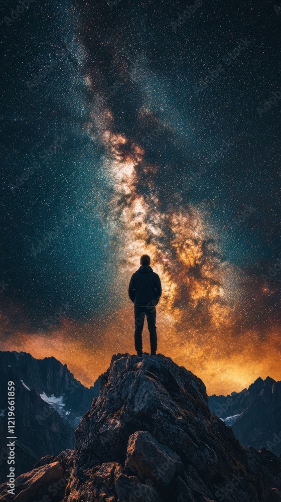 Fototapeta premium Stargazer on rocky peak admiring the vast milky way in dark night sky