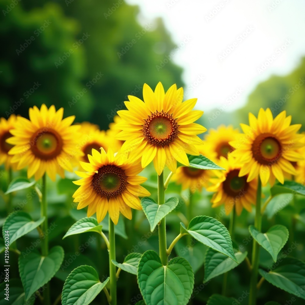 Close-up view of sunflower heads, lush greenery , garden, countryside, flowerhead Close-up view of sunflower heads, lush greenery , garden, countryside, flowerhead