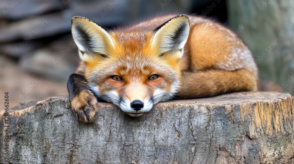 Fototapeta premium A resting red fox lying on a wooden log, showcasing its vibrant fur and curious eyes.