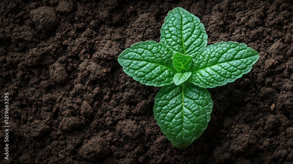 Naklejka premium Mint plant in dark soil.