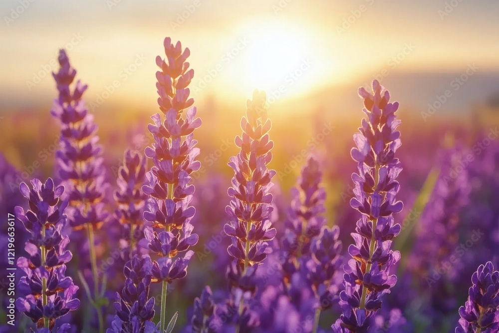 Obraz premium Lavender fields in bloom during a vibrant sunset in Provence, France