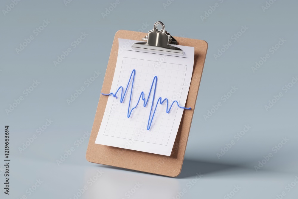 A clipboard displays a blue ECG heartbeat line, symbolizing medical records and health monitoring. A clipboard displays a blue ECG heartbeat line, symbolizing medical records and health monitoring.