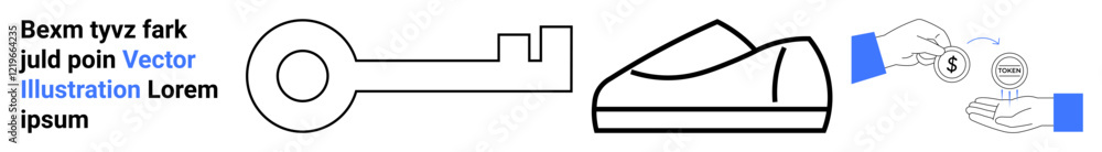 Key, shoe, hands exchanging money, layered text. Ideal for financial security, transactions, accessibility, commerce, footwear, simplicity, finance. Black, blue elements on white canvas, modern