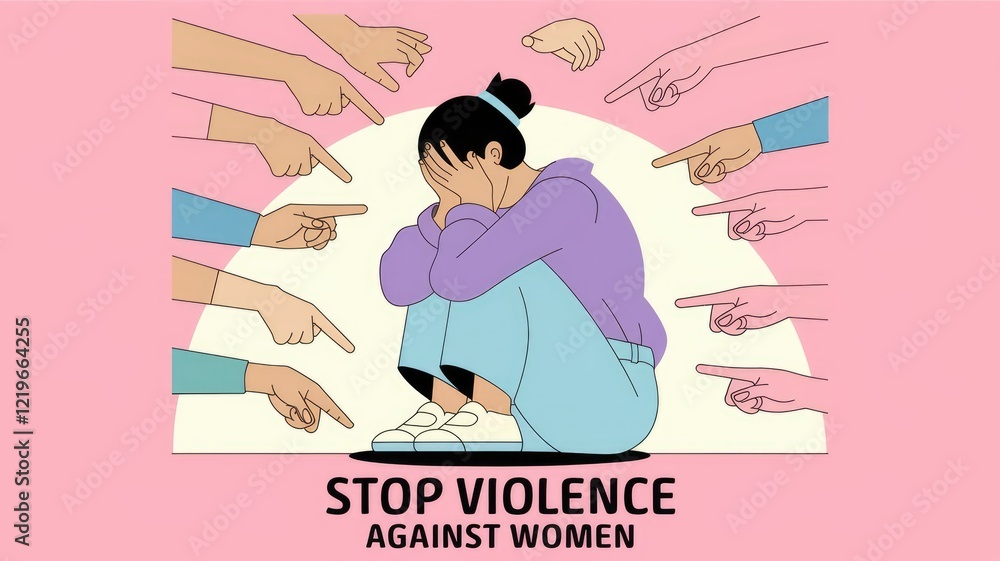 Obraz premium Woman surrounded by pointing fingers highlighting violence against women.