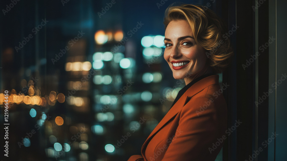 Smiling portrait of a businesswoman in a professional setting, showcasing confidence and approachability, wearing formal attire, with a cityscape visible through the window Smiling portrait of a businesswoman in a professional setting, showcasing confidence and approachability, wearing formal attire, with a cityscape visible through the window