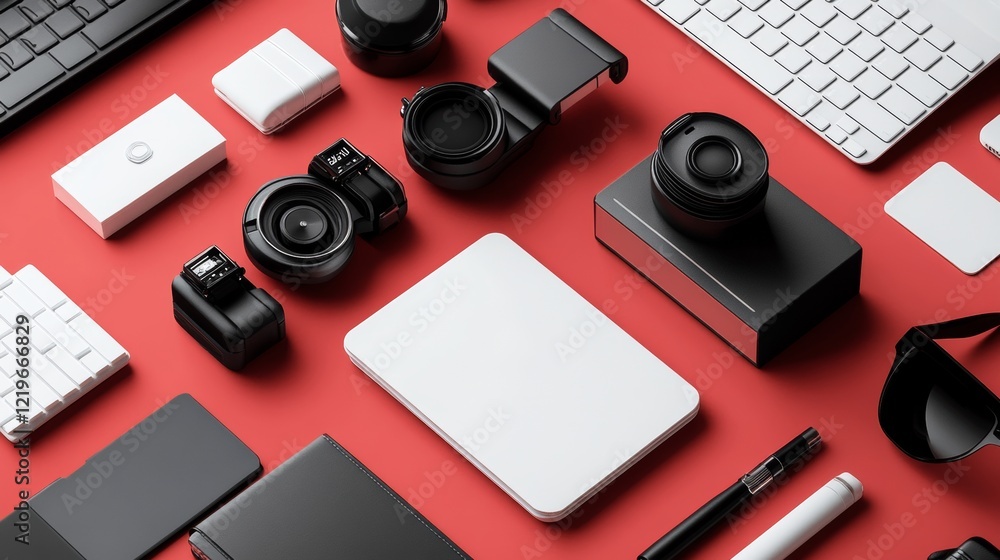 Flat lay of modern tech gadgets on a vibrant red surface Flat lay of modern tech gadgets on a vibrant red surface