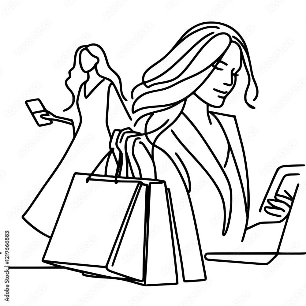 Two women, one is walking with a phone, the other is carrying many bags and a phone. Modern, minimalistic shopping scene, single line vector outline drawing Two women, one is walking with a phone, the other is carrying many bags and a phone. Modern, minimalistic shopping scene, single line vector outline drawing