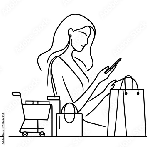 A girl looks into a smartphone while sitting next to a lot of paper bags with purchases, online store, single line vector contour simple drawing on a light background.