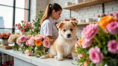 cute puppy sitting on counter surrounded by vibrant flowers in bright flower shop, looking into the camera, cozy and romantic, Valentines Day, pet care, flower shop. photo