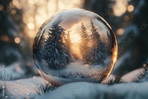 Eine große gefrorene Seifenblase in der sich ein verschneiter Wald spiegelt photo