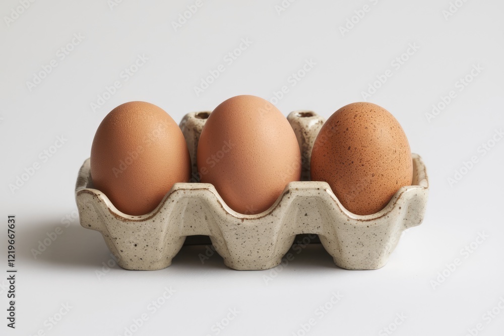 Three brown eggs nestled in a speckled ceramic egg carton against a white background. Three brown eggs nestled in a speckled ceramic egg carton against a white background.