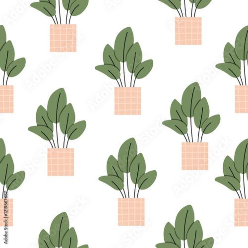 Seamless pattern of houseplants in pink pots with green leaves on a white background"