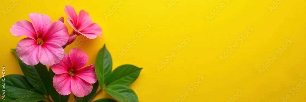 Colorful pink flowers bloom on a yellow background with lush green leaves and a tiny bud, nature, pink, yellow Colorful pink flowers bloom on a yellow background with lush green leaves and a tiny bud, nature, pink, yellow