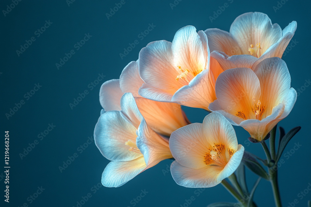 Delicate Peach Freesia Flowers Against Teal Background Delicate Peach Freesia Flowers Against Teal Background
