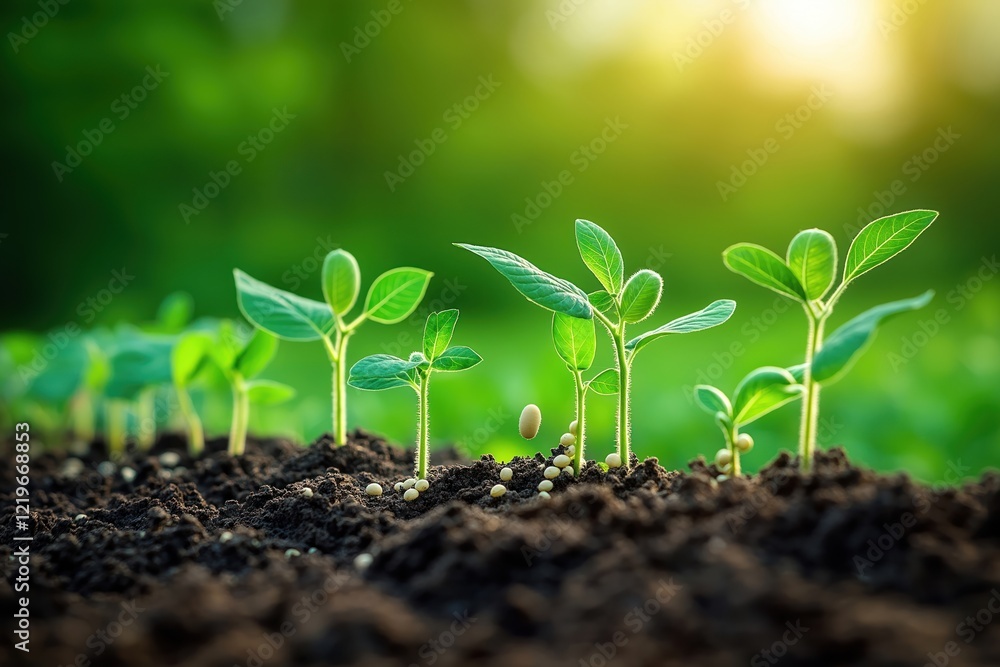 Fototapeta premium Young soybean plants grow in rich soil. Sunlight illuminates fertile ground. Small green plants sprout from seeds. Agriculture concept shows organic farming. Healthy growth evident. Fresh plants show