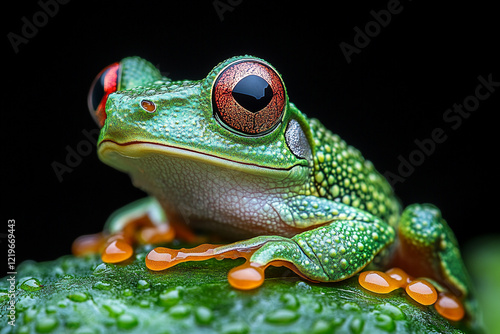 Red Eyed Tree Frog Perched On Dewy Leaf