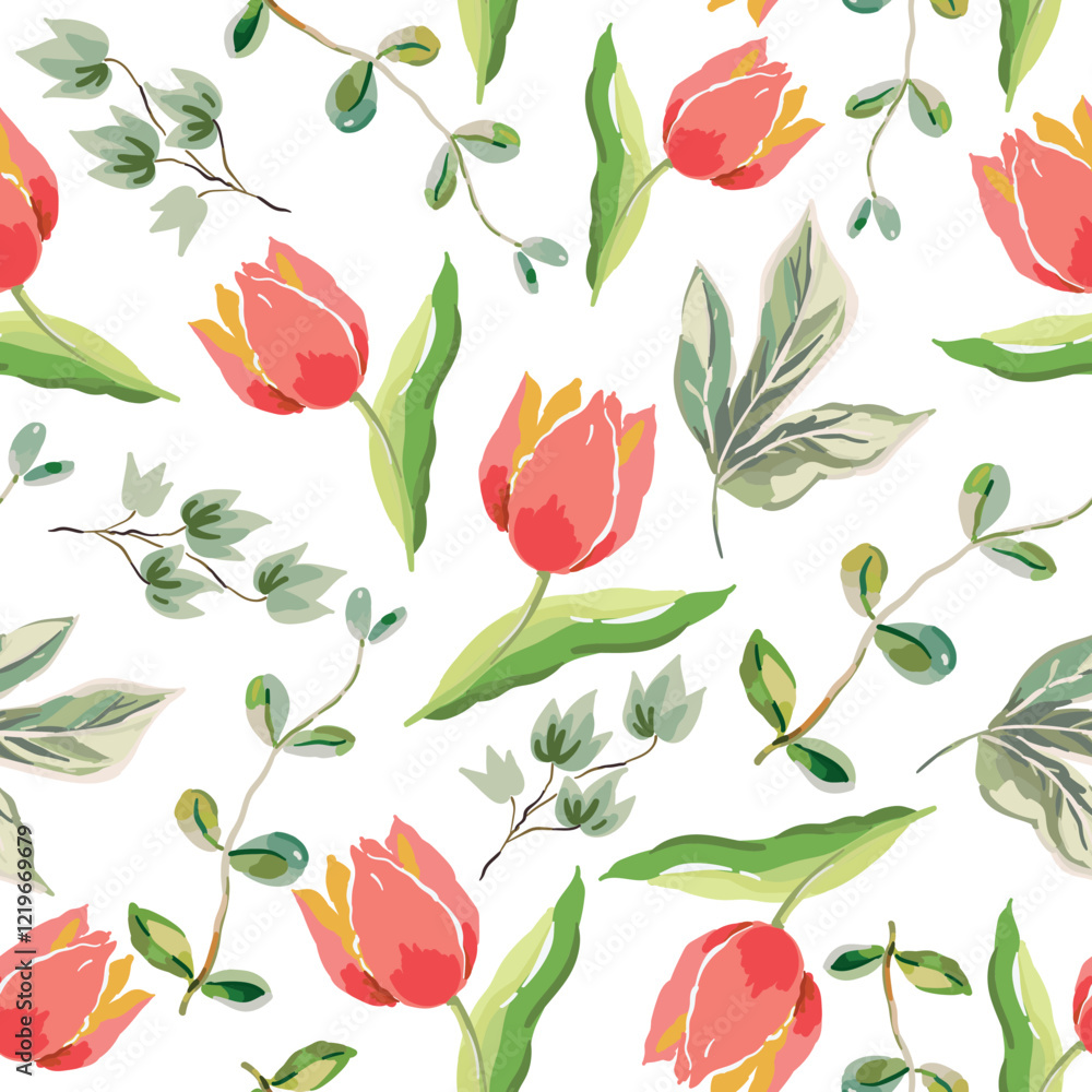 Red tulip flowers, green leaves, white background. Vector floral illustration. Seamless pattern. Spring garden nature. Botanical design Red tulip flowers, green leaves, white background. Vector floral illustration. Seamless pattern. Spring garden nature. Botanical design