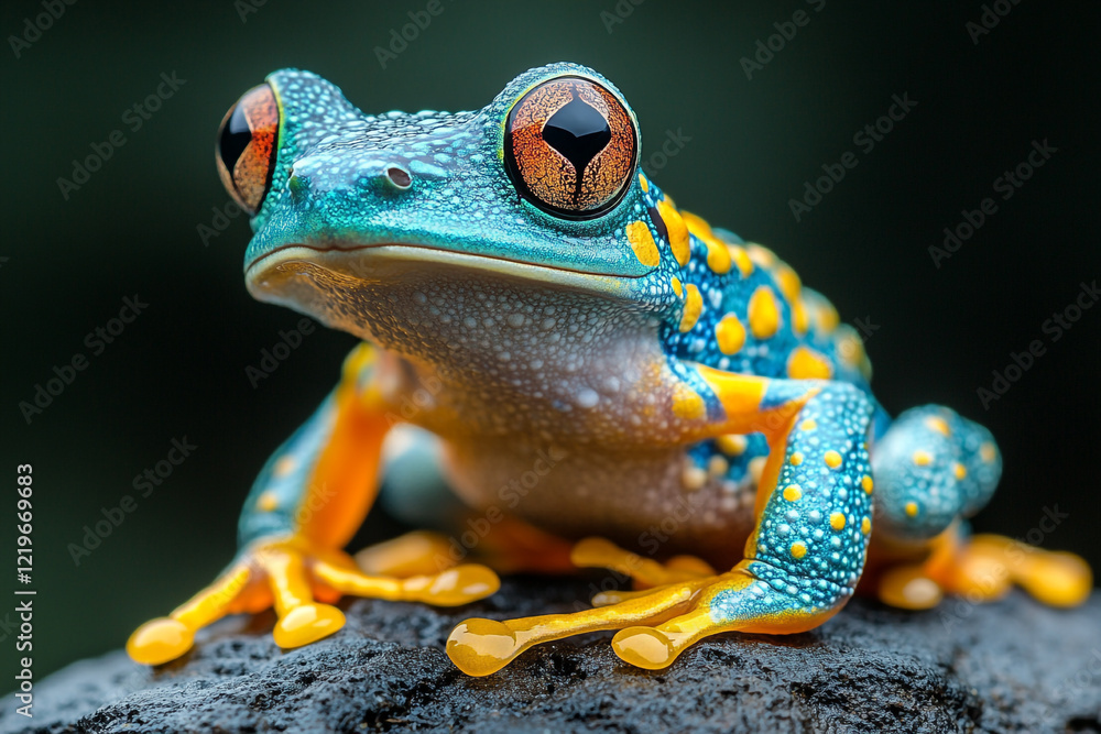 Vibrant Blue And Yellow Frog Perched On Rock Vibrant Blue And Yellow Frog Perched On Rock